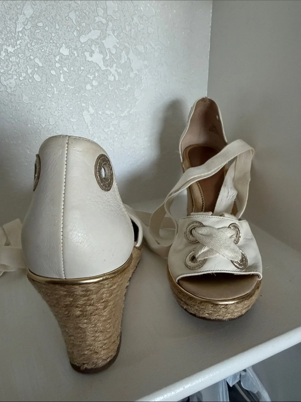 Sperry White and Gold Leather Lace-Up Espadrille Wedge Sandals